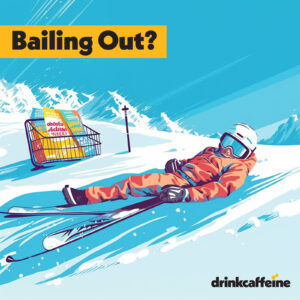 Skier laying in snow next to shopping cart